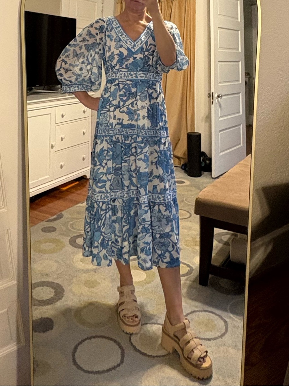 Gretchen Scott Blue Floral V-Neck Tiered Dress Maxi XS Frolic Birds Butterfly - Picture 12 of 12